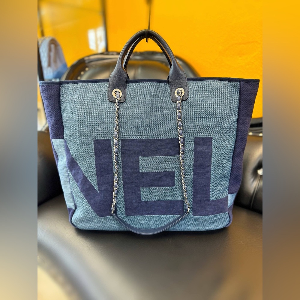 CHANEL Denim Deauville Logo Shopping Chain Tote Large Bag & Card - Picture 3 of 13